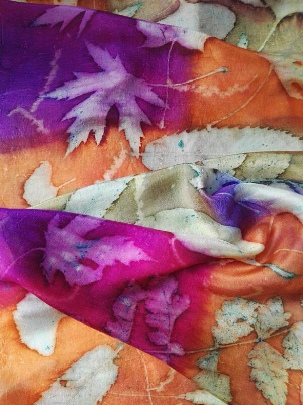 Botanical print 100% silk scarf with imprinted real leaves. Original accessory with a touch of nature