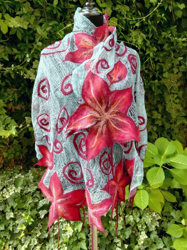 Amarylis. Wet felted merino wool and rarefied silk scarf/stole. Original accessory