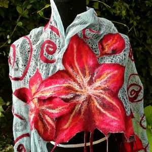 Amarylis. Wet felted merino wool and rarefied silk scarf/stole. Original accessory