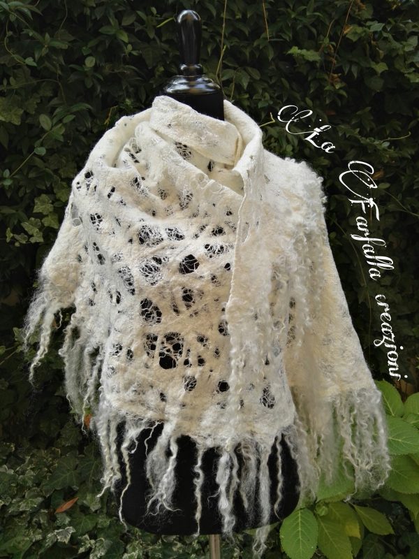 White cobweb wet felted merino wool, eri silk, viscose fibers and wensleydale locks scarf. Original accessory for special occasions