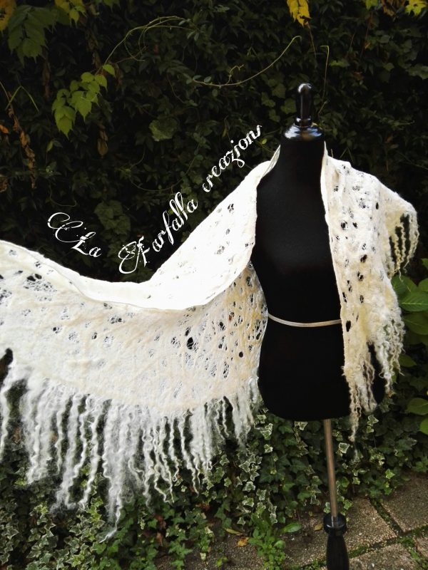 White cobweb wet felted merino wool, eri silk, viscose fibers and wensleydale locks scarf. Original accessory for special occasions