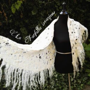 White cobweb wet felted merino wool, eri silk, viscose fibers and wensleydale locks scarf. Original accessory for special occasions