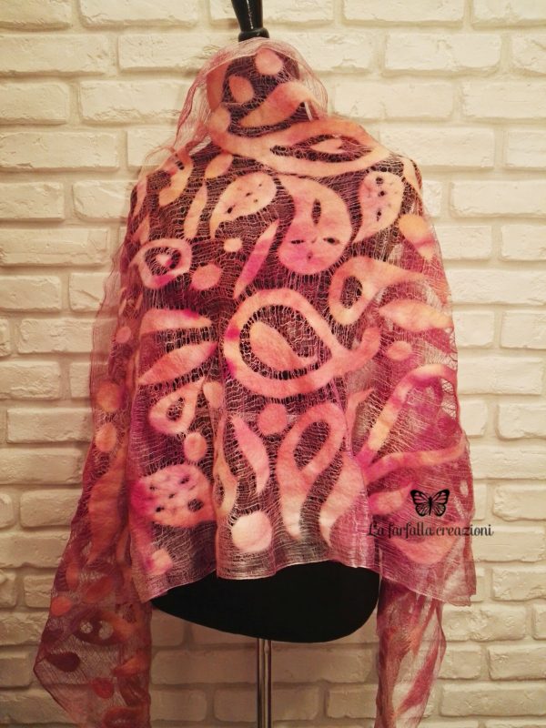 Orange paisley wet felted margilan silk and merino wool scarf. Original accessory