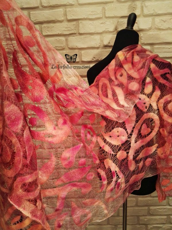 Orange paisley wet felted margilan silk and merino wool scarf. Original accessory