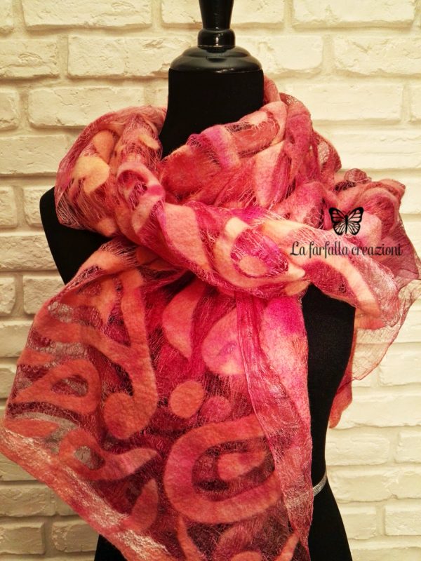 Orange paisley wet felted margilan silk and merino wool scarf. Original accessory