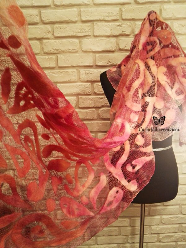 Orange paisley wet felted margilan silk and merino wool scarf. Original accessory