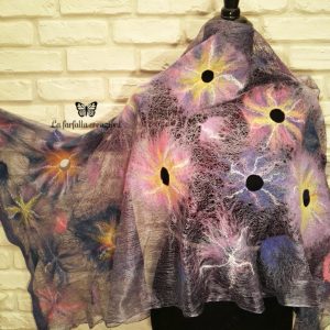 Lilac flowers wet felted margilan silk and merino wool scarf. Original accessory