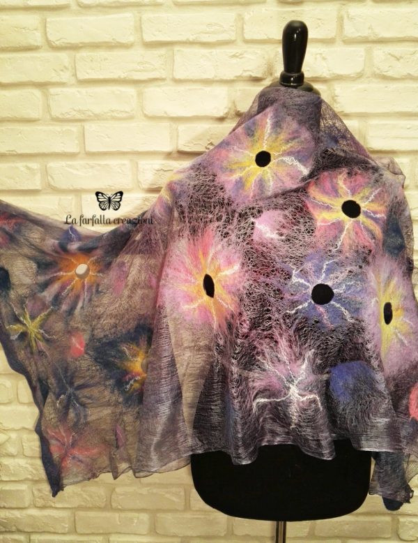 Lilac flowers wet felted margilan silk and merino wool scarf. Original accessory