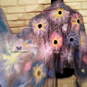 Lilac flowers wet felted margilan silk and merino wool scarf. Original accessory