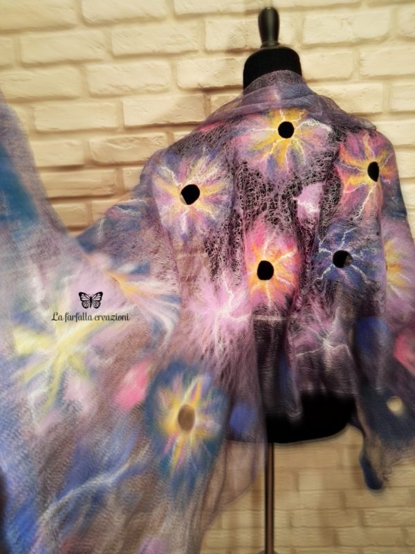 Lilac flowers wet felted margilan silk and merino wool scarf. Original accessory