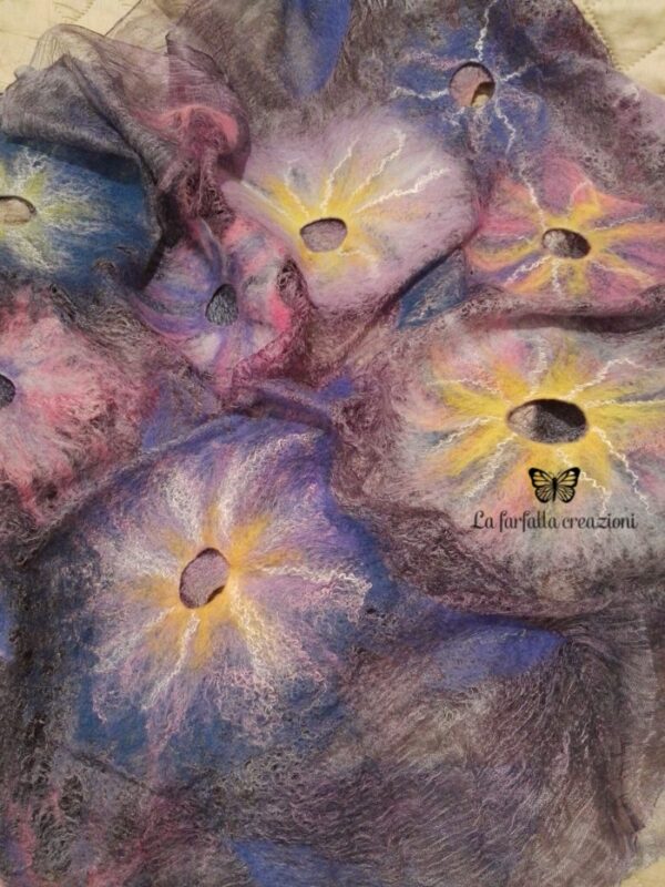 Lilac flowers wet felted margilan silk and merino wool scarf. Original accessory