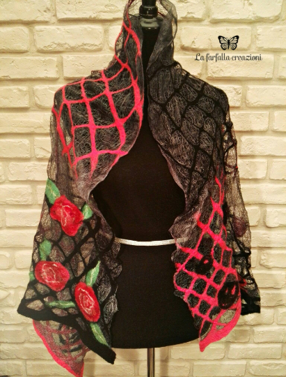 Carmen. Wetfelted rarefied margilan silk and merino wool scarf stole wrap. Elegant accessory. Best gift for women