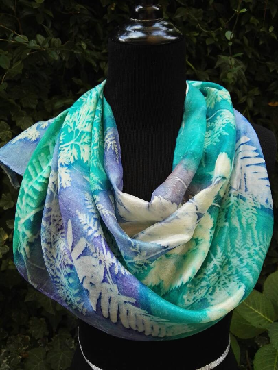 Mistical wood. Handdyed blue and emerald green silk scarf with ferns and plats imprinted. Original accessory. Best gift for women.