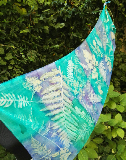 Mistical wood. Handdyed blue and emerald green silk scarf with ferns and plats imprinted. Original accessory. Best gift for women.