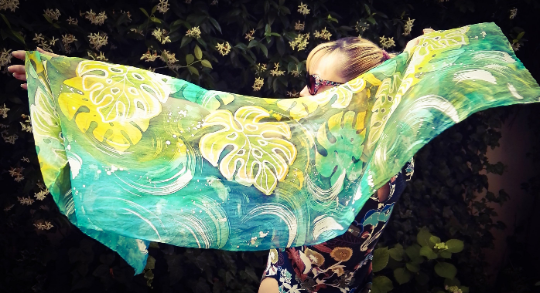 Monstera. Green tropical plant 100% silk hand painted long scarf. Best gift for women.