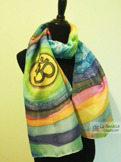 Om. Rainbow mandala 100% silk hand painted long scarf. Original gift.