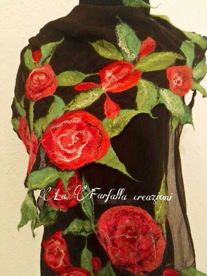 The night roses. Wetfelted silk scarf with merino wool, viscose fibers. Original accessory to combine an elegant outfit. Best gift for women