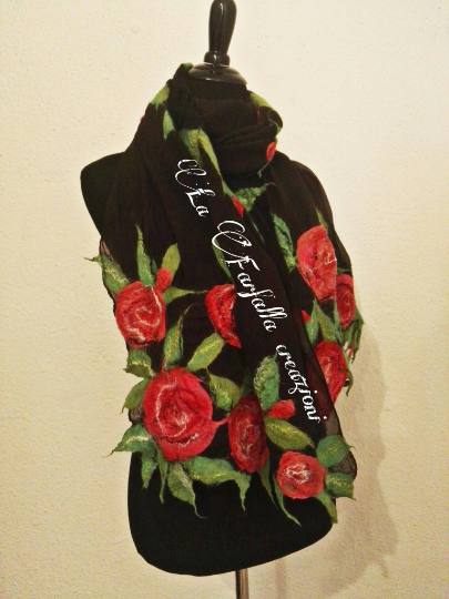 The night roses. Wetfelted silk scarf with merino wool, viscose fibers. Original accessory to combine an elegant outfit. Best gift for women