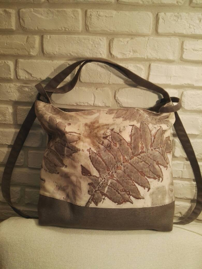 Big transformer bag/backpack with botanical print real leaves imprinted on cotton. Ecoprint and natural dyeing.