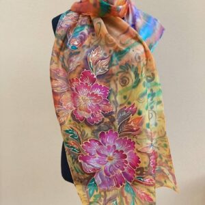 Japanese style big peony 100% silk hand painted scarf. Original accessory to combine any outfit.