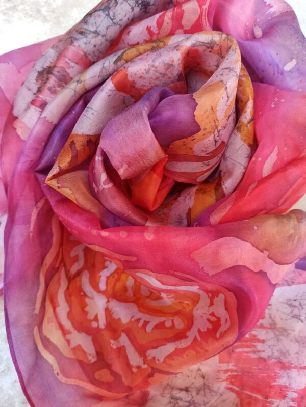 Frosted roses hand painted 100% silk scarf. Original accessory to add colororful accent to women’s outfit.