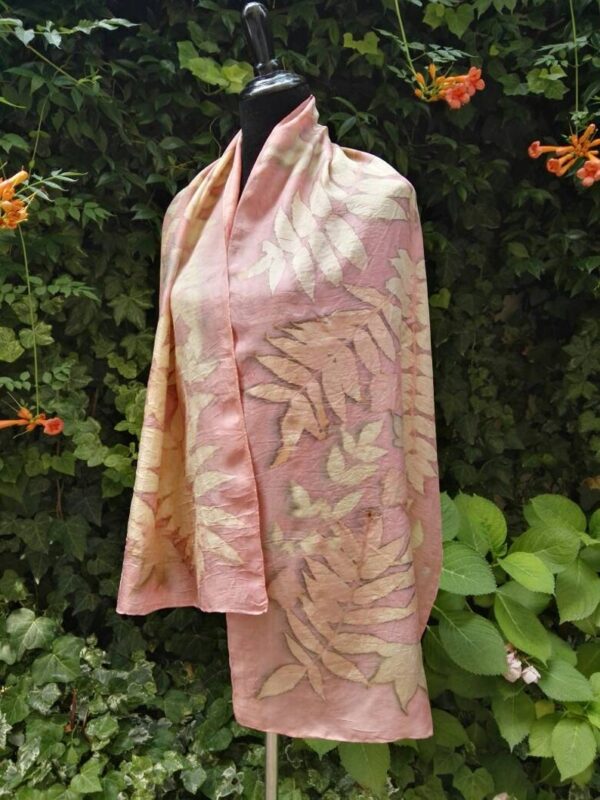 Pink madder Eco Printed and Natural dyed 100% silk scarf with impressed real leaves. Original accessory for women.