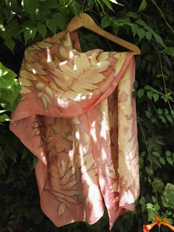 Pink madder Eco Printed and Natural dyed 100% silk scarf with impressed real leaves. Original accessory for women.
