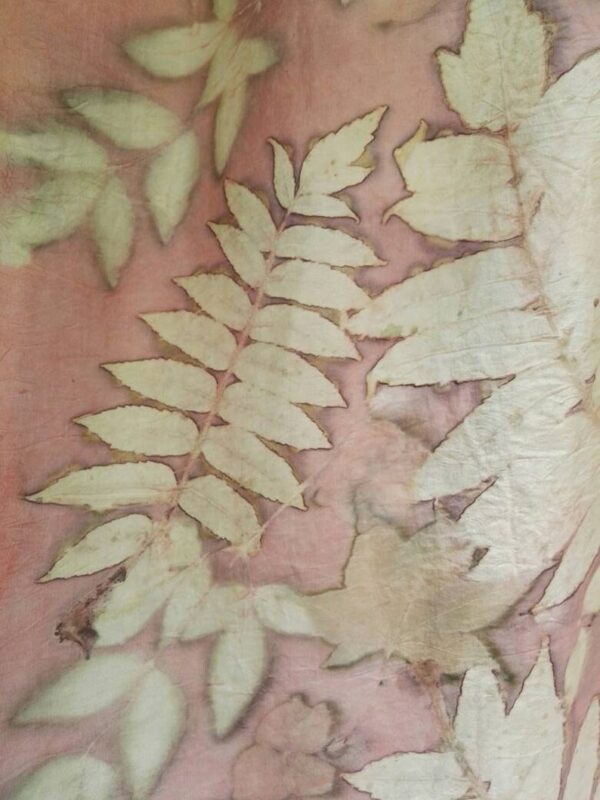 Pink madder Eco Printed and Natural dyed 100% silk scarf with impressed real leaves. Original accessory for women.