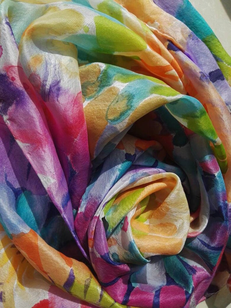 Bright flowers. Hand painted silk scarf. Original one of a kind foulard with authentic author’s painting.