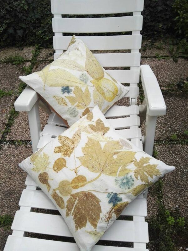 A couple of handmade linen pillowcase with leaves and flowers. Ecoprint o botanical print technique and natural dyeing. Best idea for gift.