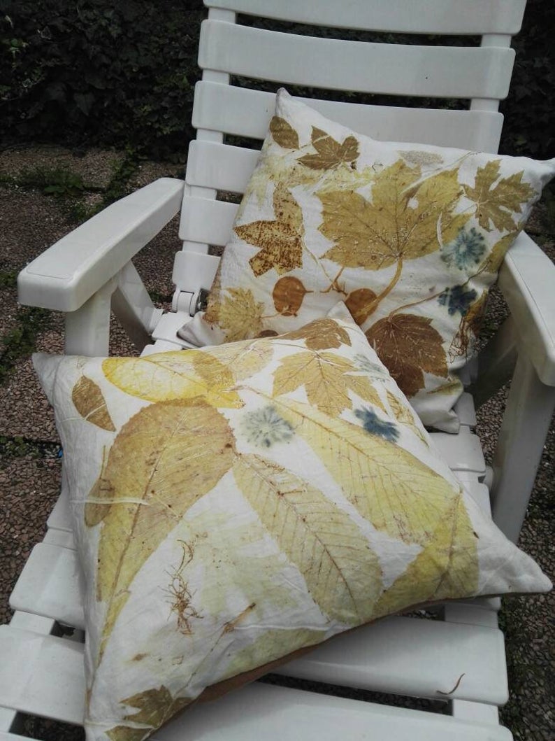 A couple of handmade linen pillowcase with leaves and flowers. Ecoprint o botanical print technique and natural dyeing. Best idea for gift.