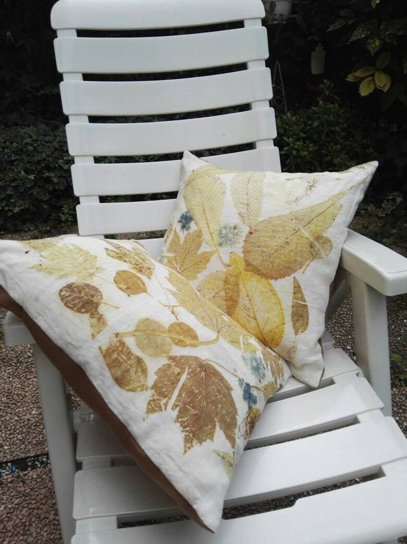 A couple of handmade linen pillowcase with leaves and flowers. Ecoprint o botanical print technique and natural dyeing. Best idea for gift.