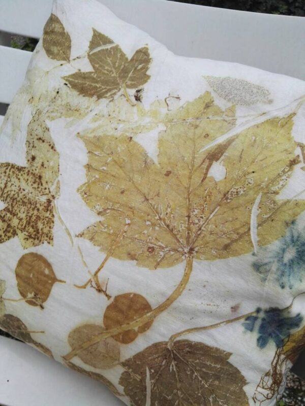 A couple of handmade linen pillowcase with leaves and flowers. Ecoprint o botanical print technique and natural dyeing. Best idea for gift.