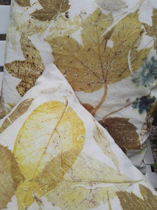 A couple of handmade linen pillowcase with leaves and flowers. Ecoprint o botanical print technique and natural dyeing. Best idea for gift.