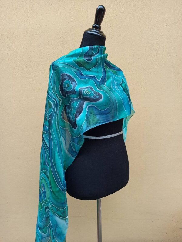 Malachite hand painted 100% silk scarf inspired by the nature. Original colorful accessory. Best gift.