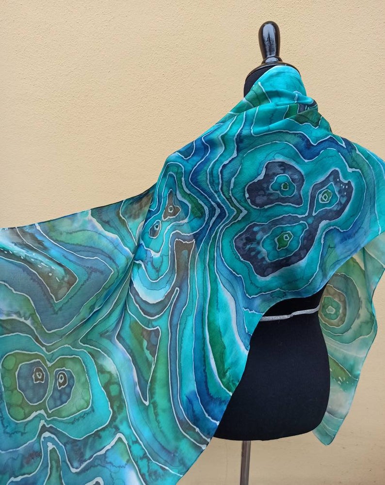 Malachite hand painted 100% silk scarf inspired by the nature. Original colorful accessory. Best gift.