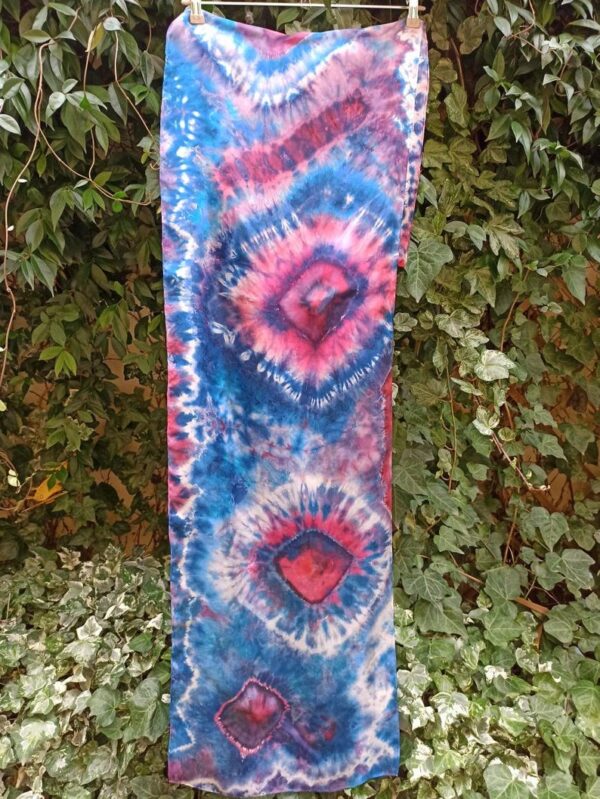 Classic blue and purple hibori tie dye hand dyed long silk scarf. Original authentic accessory to combine modern outfit. Colorful accent.