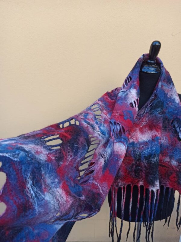 Red and Blue holes big wetfelted scarf stole shawl. Hand dyed margilan silk and Merino wool. Original accessory to add colorful accent.