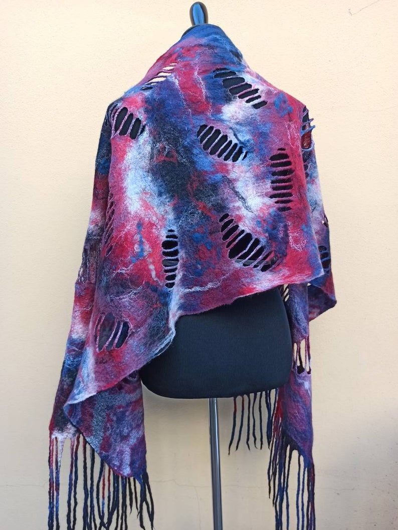 Red and Blue holes big wetfelted scarf stole shawl. Hand dyed margilan silk and Merino wool. Original accessory to add colorful accent.
