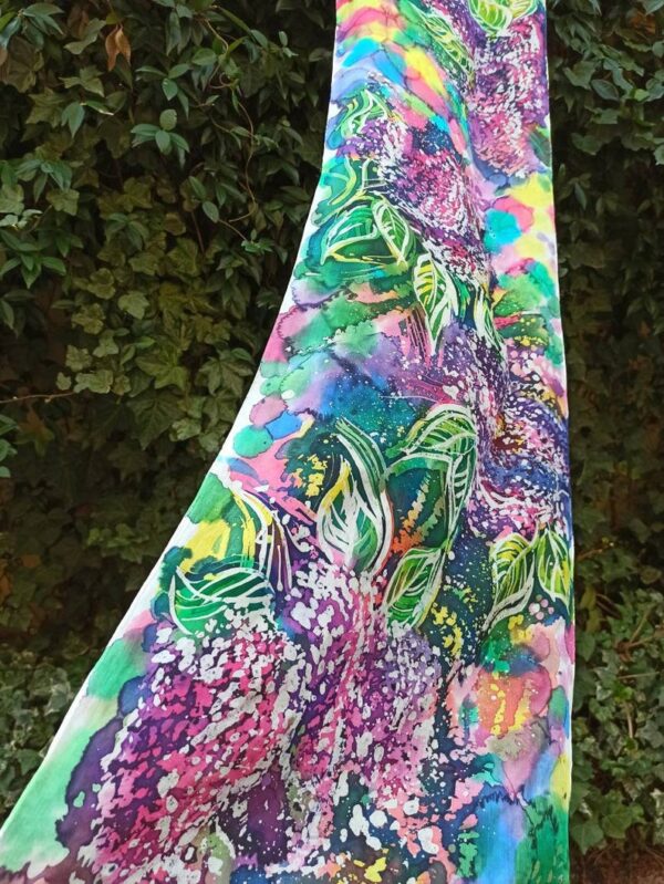 The smell of lilac hand painted batik 100% silk scarf. Original colorful accessory to create authentic accent to your outfit.