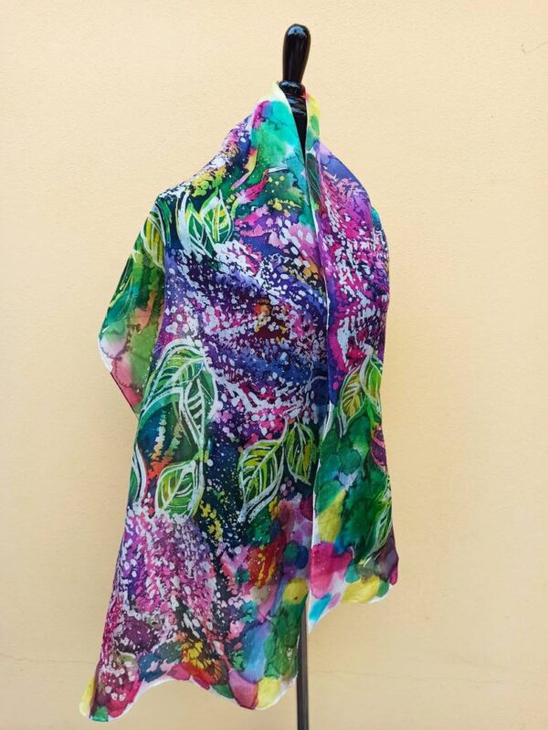 The smell of lilac hand painted batik 100% silk scarf. Original colorful accessory to create authentic accent to your outfit.