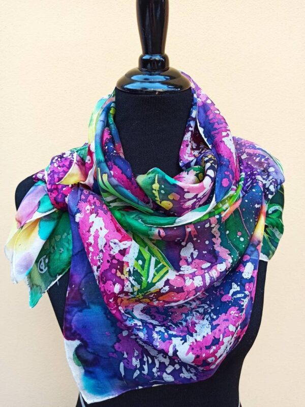 The smell of lilac hand painted batik 100% silk scarf. Original colorful accessory to create authentic accent to your outfit.