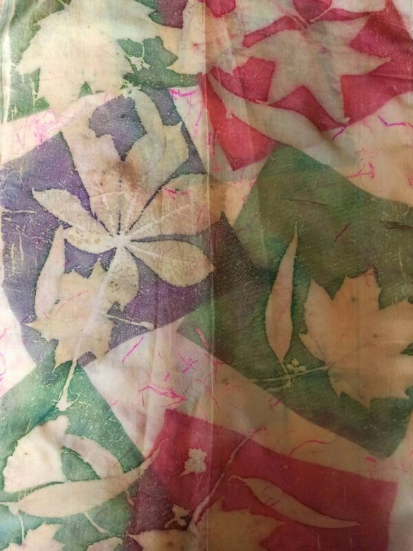 Pink and green hand dyed 100% silk scarf with imprinted plants. Original colorful accessory to complete any outfit.