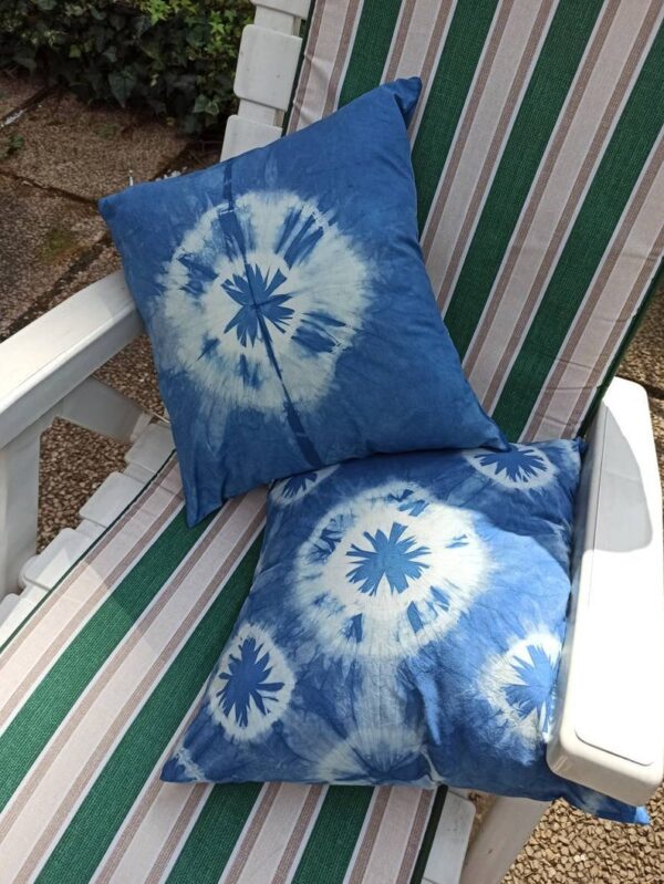 A couple of pillowcases hand dyed with natural indigo dyeing. Colorful accent for your bed or sofa. Original gift.
