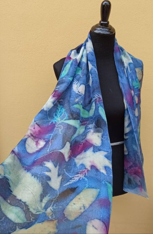 Botanical print 100% silk scarf with real leaves imprinted on. Original gift accessory for women.