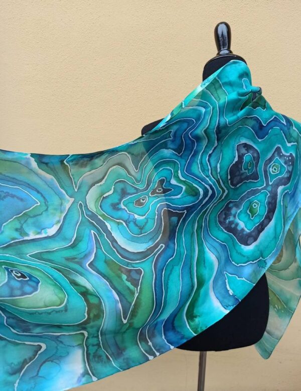 Malachite hand painted 100% silk scarf inspired by the nature. Original colorful accessory. Best gift.