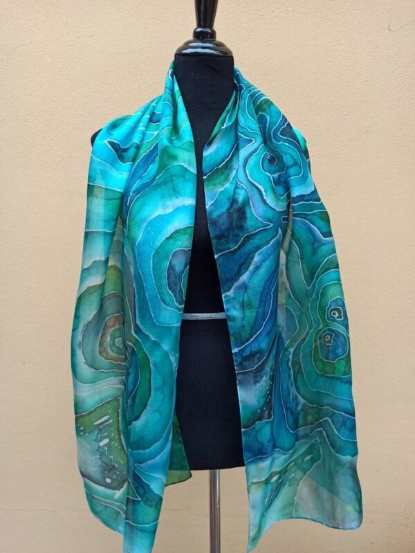 Malachite hand painted 100% silk scarf inspired by the nature. Original colorful accessory. Best gift.