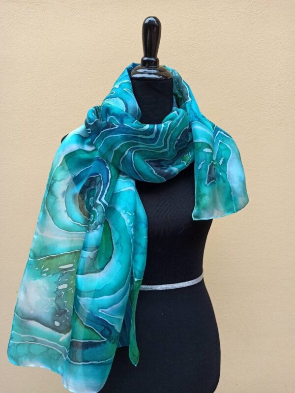 Malachite hand painted 100% silk scarf inspired by the nature. Original colorful accessory. Best gift.