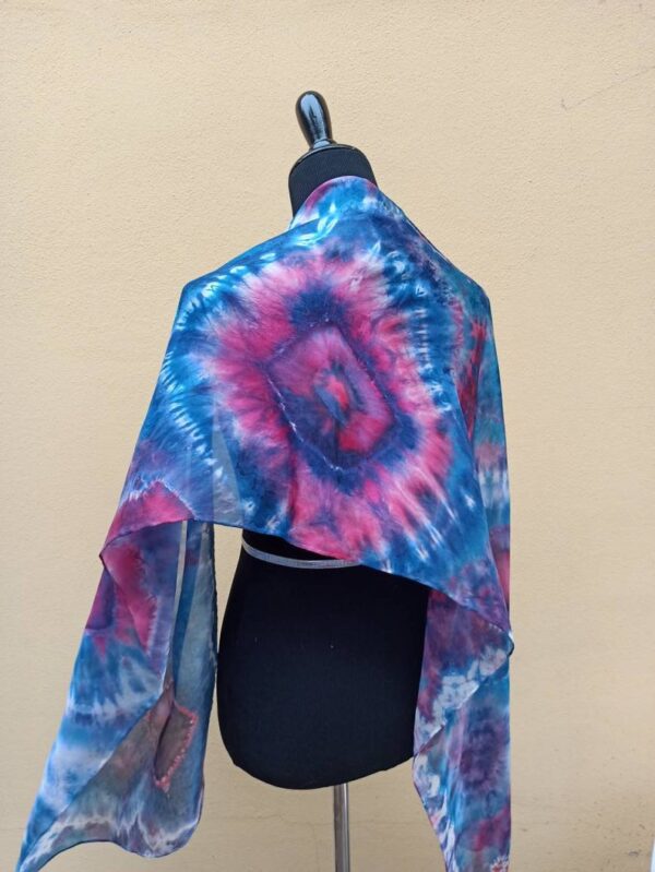 Classic blue and purple hibori tie dye hand dyed long silk scarf. Original authentic accessory to combine modern outfit. Colorful accent.