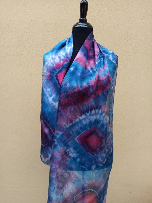 Classic blue and purple hibori tie dye hand dyed long silk scarf. Original authentic accessory to combine modern outfit. Colorful accent.